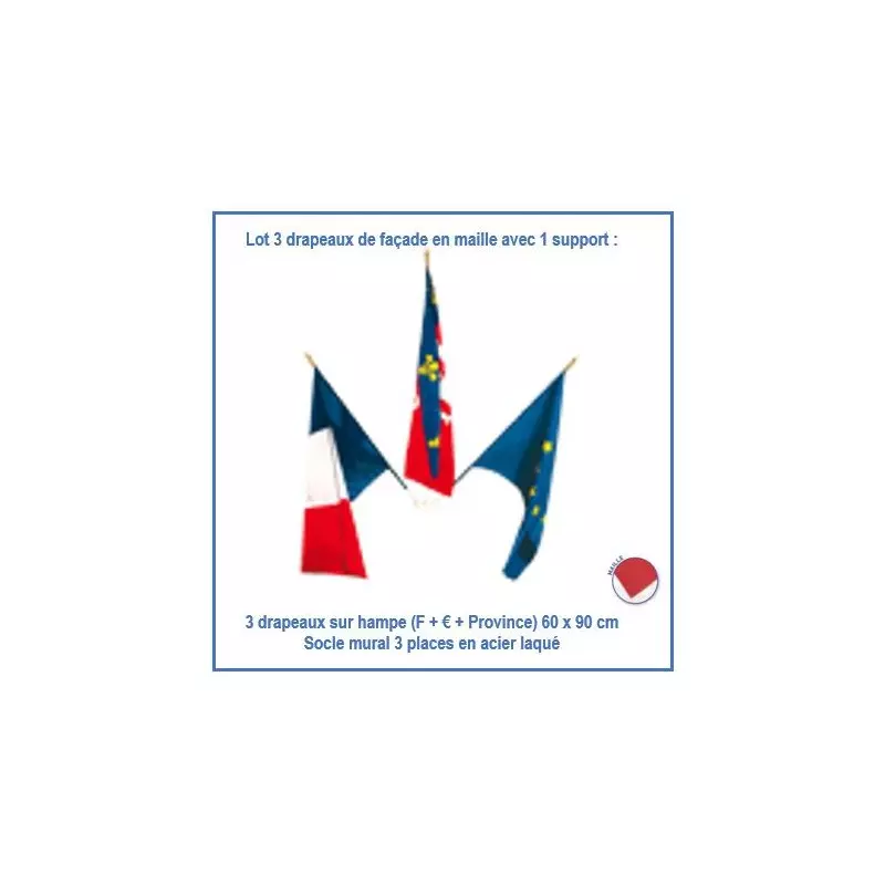 Kit pour façade de mairie : 3 drapeaux sur hampe 60 x 90 cm + 1 porte-drapeaux mural - Net Collectivités