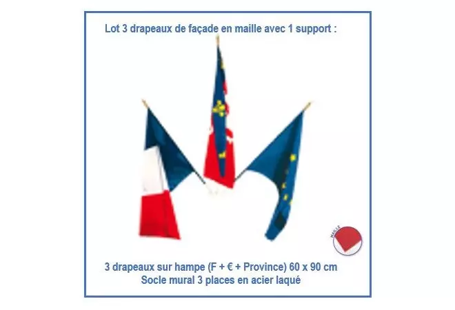 Kit pour façade de mairie : 3 drapeaux sur hampe 60 x 90 cm + 1 porte-drapeaux mural - Net Collectivités