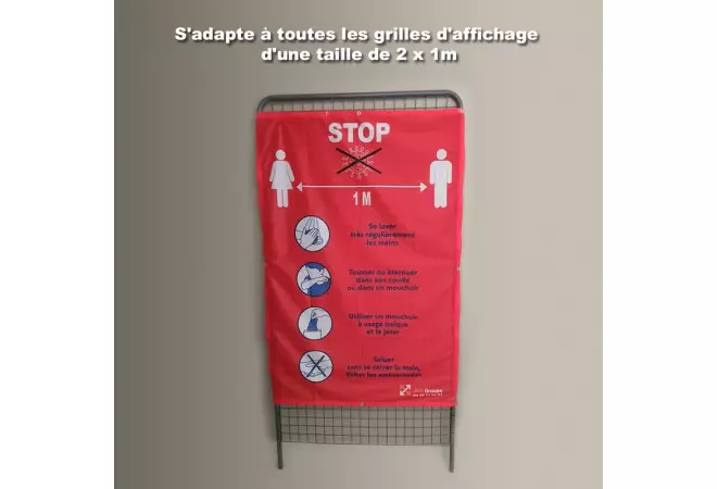 Une affiche en tissu rappelant les gestes barrières sécurité Covid 19