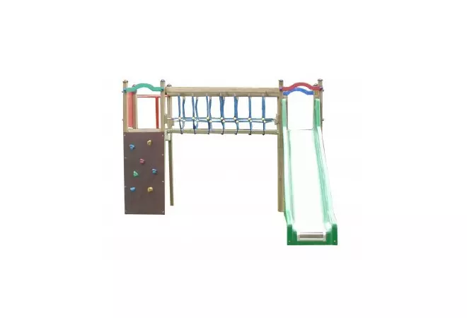 Module de jeux "Le pont des aventures" avec toboggan, mur d'escalade et barre de pompiers