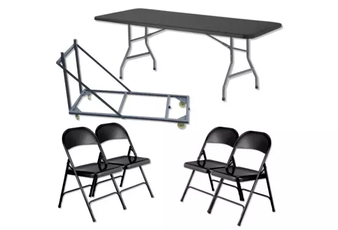 PROMOTION sur 120 chaises pliantes et 20 tables polypro avec 1 CHARIOT OFFERT