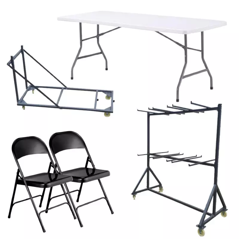 20 tables pliantes polypro blanc - 120 chaises pliantes noires métal - chariot de transport