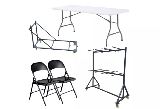 20 tables pliantes polypro blanc - 120 chaises pliantes noires métal - chariot de transport