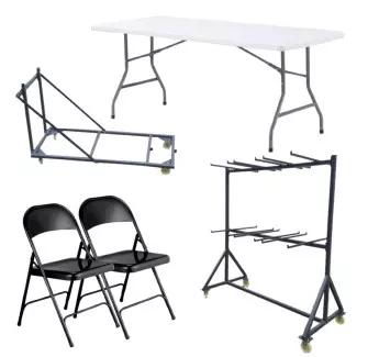 20 tables pliantes polypro blanc - 120 chaises pliantes noires métal - chariot de transport